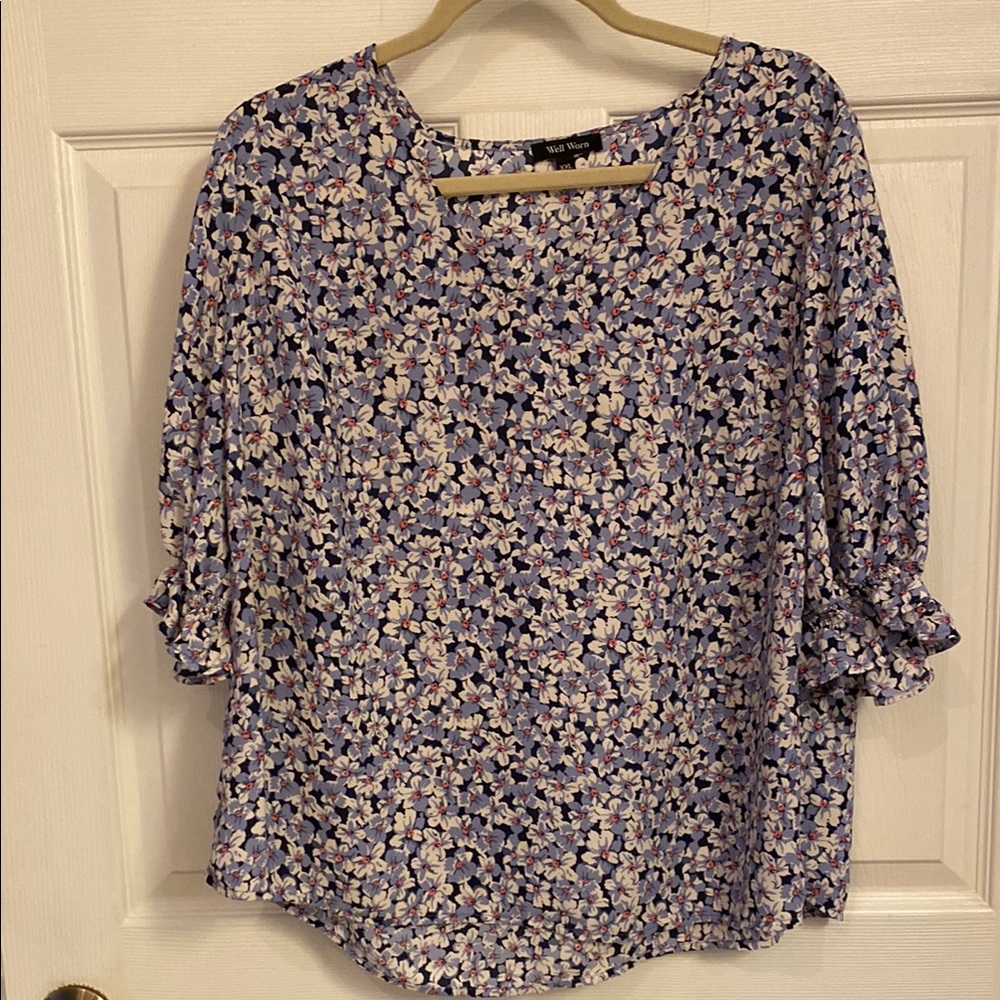 Well Worn Blue and White Puff Sleeve Blouse XXL